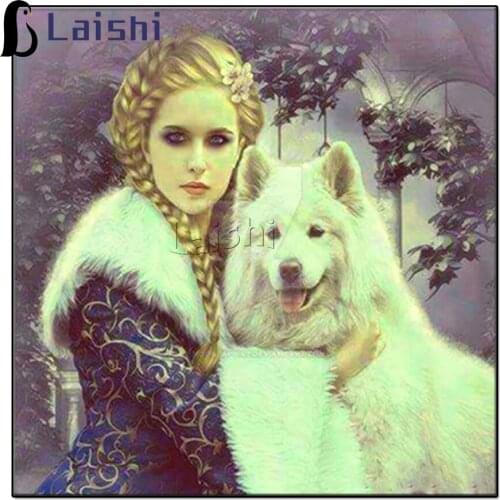 5D Diy Daimond Painting Girl&Samoyed 3D Diamond Painting Full Round Rhinestones Diamant Painting Embroidery portrait decor