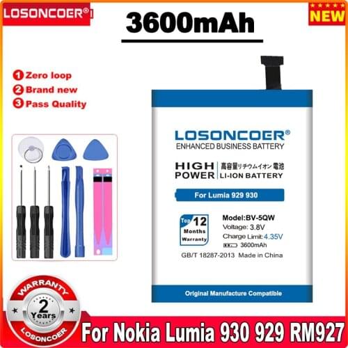 LOSONCOER 100% Newest 3600mAh BV-5QW Battery Use for Nokia Lumia 930 Battery 929 RM927 Batteries