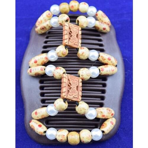 Butterfly yellow beads women wooden double magic stretchy beaded comb hair clips bows free shipping
