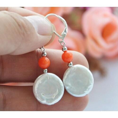 Free shipping P4423 14MM WHITE COIN FRESHWATER PEARL PINK CORAL DANGLE EARRING 6.10