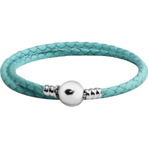 100% 925 Sterling-Silver-Jewelry Bracelets for Women DIY Beads Jewelry Making Ocean Blue Leather Bracelet and Silver Round Clasp