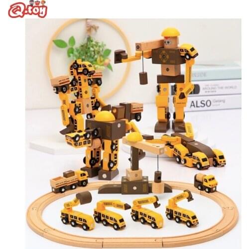 DIY wooden magic engineering vehicle combination truck robot magnetic toy Variety Assembly Car Building Block Kids Gift Boys toy