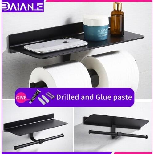 Toilet roll paper holder wall mounted bathroom black Lengthen tissue holder washroom Mobile phone rack screw free installation