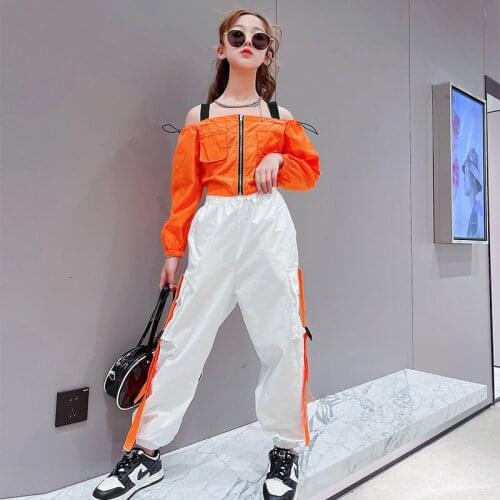 Teenage Girls Clothing Set New Fashion Streetwear Hip Hop Off Shoulder Top+Cargo Pants With Chain for Girls 8 9 10 12 13 14Years