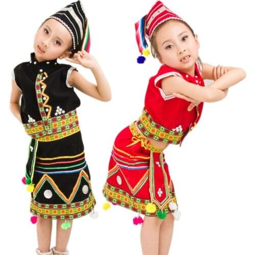 Red Black Children Hmong Chinese National Traditions Clothes Tujia Hmong Miao Dress Clothing Dance Stage Performance Costumes