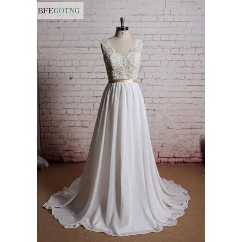 Ivory Lace Chiffon V-Neck A-Line Wedding Dress Floor -Length Court Train Sleeveless Real/Original Photos Custom Made