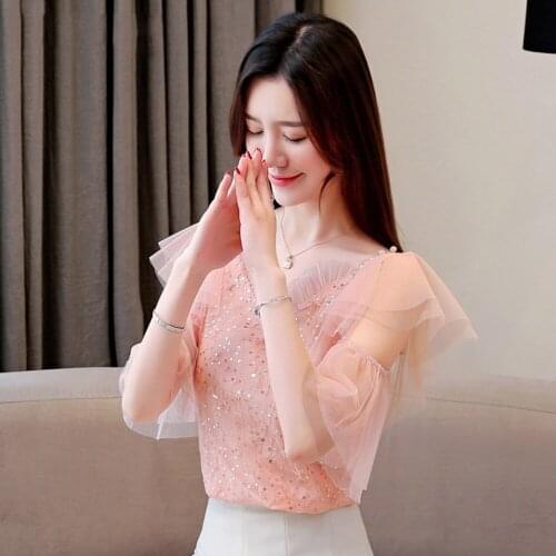 Summer Lace Women Blouse O-neck Off Shoulder Half Sleeve Heavy Handmade Sequins Beading Blusas Femininas Female Tops Blusa