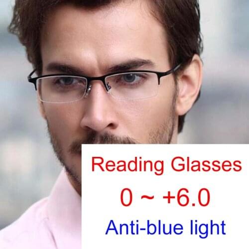 Business Reading Glasses Men Office Computer Blue Light Blocking Eyeglasses Half Frame Antifatigue Presbyopia Male Eyewear +2.0