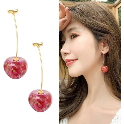 New Red Cherry Earrings Women Fashion Round Geometric Handmade Dry Flower Resin Long Earrings Jewelry