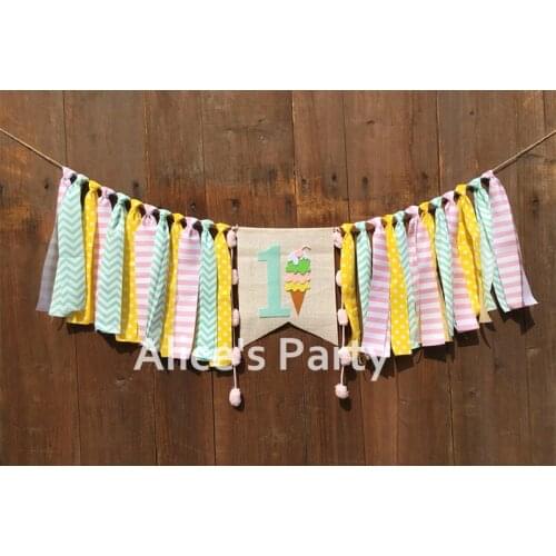 New Summer Ice Cream Cone Cherry Banner,1st 2nd Birthday Highchair High chair Garland Bunting Cake Smash Photo Shoot Decorations