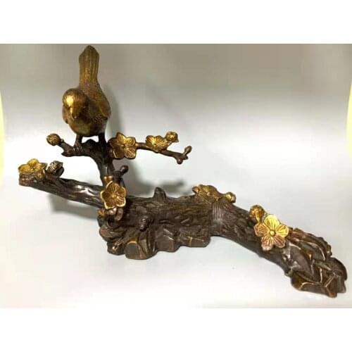 Rare Qing Dyansty copper Gilt Magpie & Plum statue