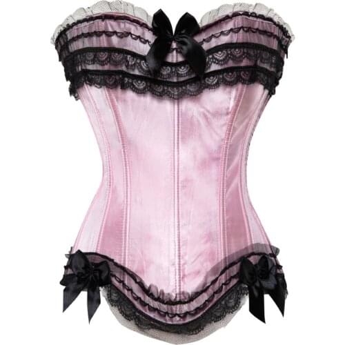 S-6XL Satin Lace Bow Trim Zip Side Overbust Corsets Burlesque Showgirl Lace Up Corset Bustiers Sexy Corselet Bodyshaper Top