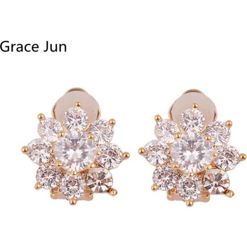 Grace Jun New Style AAA Cubic Zircon Round Shape Clip on Earrings Without Peirced Popular Student Graduation Party Clip Earrings