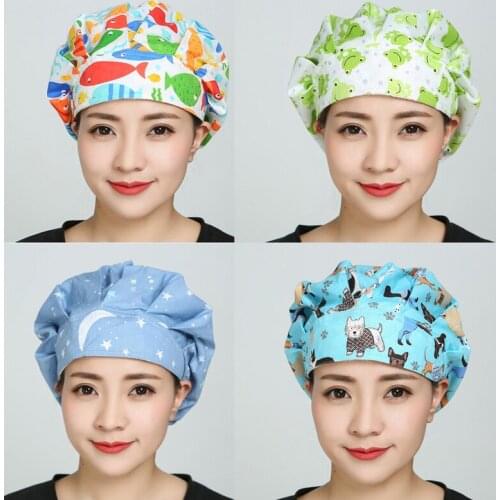 Bouffant Scrubs Hats Women Flower Printed Cotton Sweatband Adjustable Cap Reuseable Head Cover Work Wear Breathable Scrub Caps