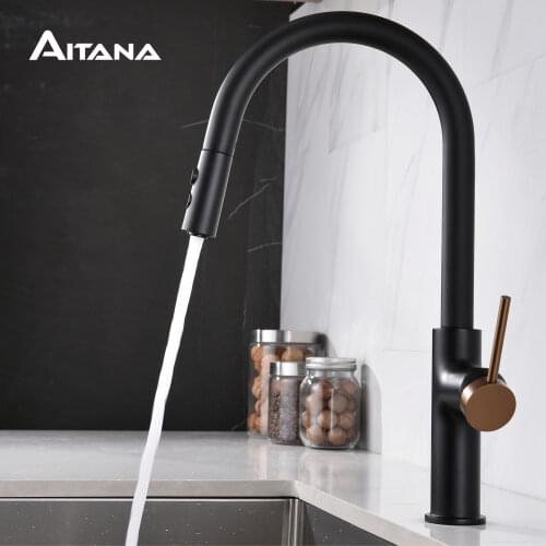 Modern simple brass body hot and cold 360 degree rotating sink faucet black pull out copper kitchen faucet