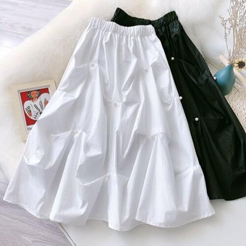 Wasteheart Summer New Black White Skirts Women Fashion Mid-Calf Length Skirt All-match Polyester Clothing Sexy A-Line Skirts