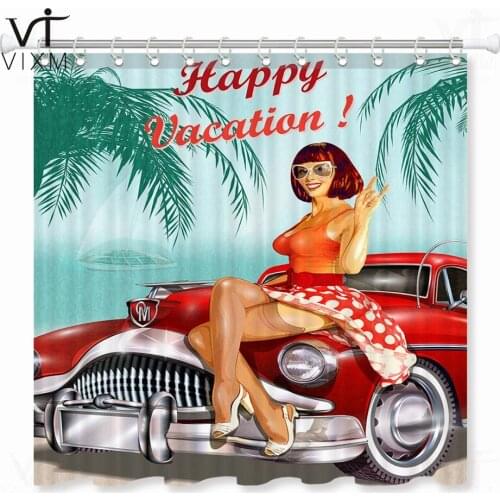 Summer Holiday Retro Bus Shower Curtain 3D Vintage Waterproof Bathroom Shower Curtain Polyester Fabric Bath Decor Curtain Sets