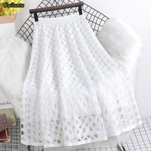 Guilantu Summer White Office Midi Skirt Women Clothes Elastic High Waist Hollow Out Sexy Club Skirt Female Casual Lace Skirt