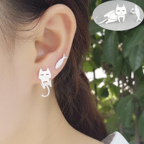 Fashion Asymmetrical Cat Fish Temperament and Cute Fish Cat Stud Earrings for Women Girls Kids Fashion Jewelry Gifts Accessory