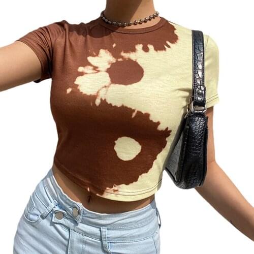 Womens Round Neck T-Shirts Stylish Short Sleeve Yin Yang Graphic Slim Fit Crop Tops