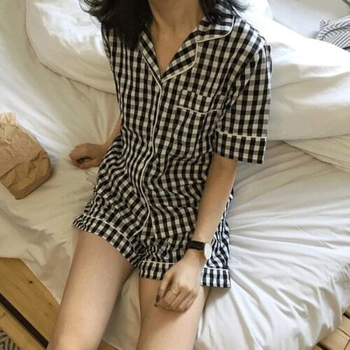 Femme Summer Lapel Kawaii Plaid Home Suit Vintage Drawstring Korean Pajama Casual Students Outerwear Sleepwear 2pcs
