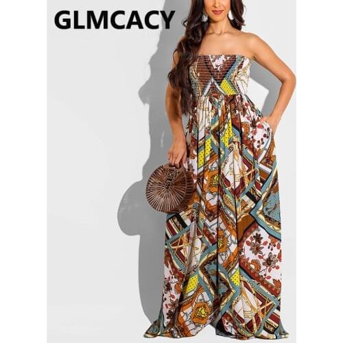 Women Off Shoulder Bandeau Frilled Tube Jumpsuit Casual Wide Leg Pants Overalls