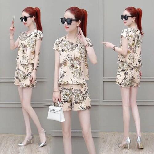 2019 summer ladies set two-piece new print fashion slim short-sleeved shirt large size shorts temperament wild women