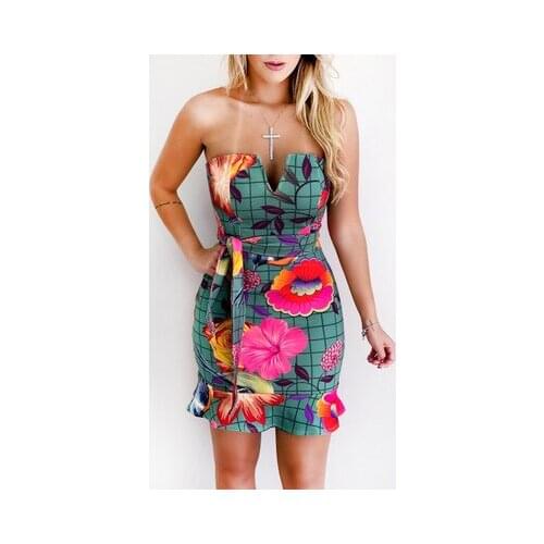 Summer New Women Sexy Digital Print Wrapped Chest Waist V-neck Strap Multi-color Bag Hip Mini Women Dresses
