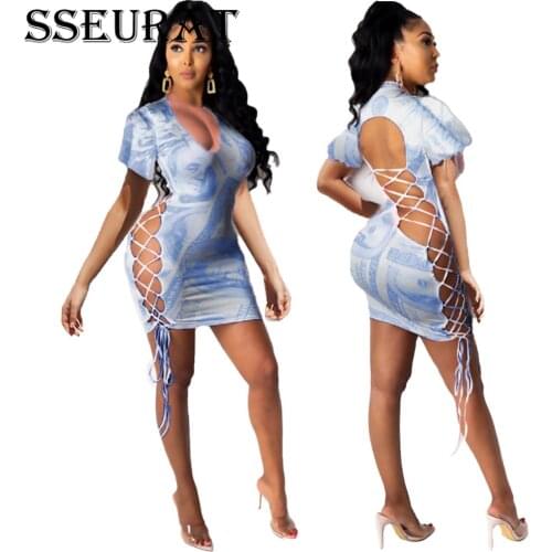 SSEURAT Women Mini Dress Dollar Print Short Sleeve V-neck Strechy Bodycon Dresses Sexy Summer Fashion Outfits 2021