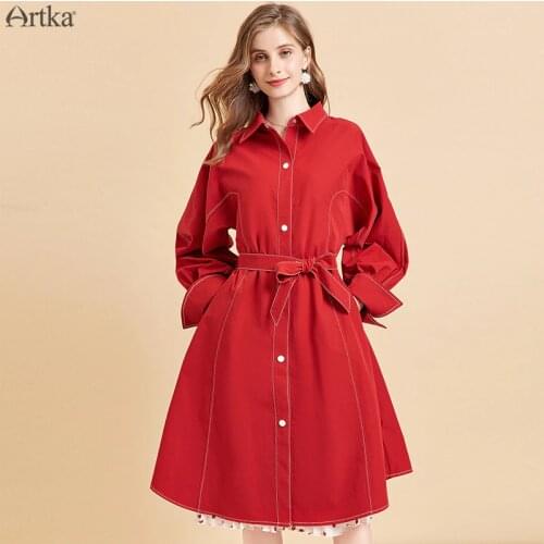 ARTKA 2019 Autumn New Women Dress Fashion Red Trench Coat Style Dresses Casual Long Sleeve Shirt Dresses With Belt LA10494Q