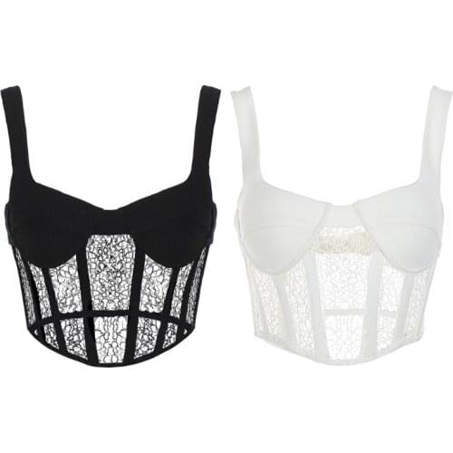Women Sexy Sleeveless Bustier Bralette Hollow Out Lace Boned Corset Crop Tops