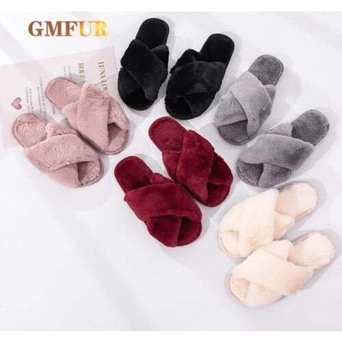 Winter Ladies Home Slippers Faux Fur Warm Flat Fashionable Cross Plush Indoor Non-slip Slides Pink Comfortable House Slippers