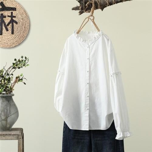 100% Cotton White Women Shirts Summer New 2021 Sweet Style Ruffles Neck Long-Sleeved Elegant Office Lady Outwear Tops