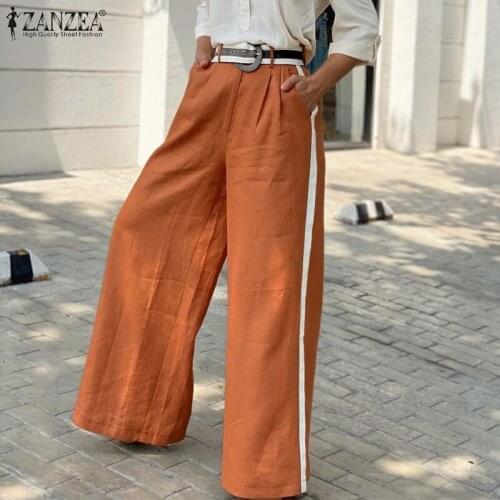 2021 Summer Womens Wide Leg Pants Office Lady Patchwork High Waist Pants ZANZEA Casual Solid Loose Button Zipper Oversized Pant