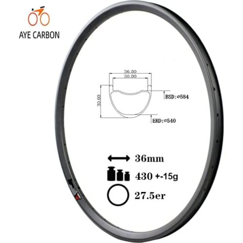 27.5 inch full carbon tubeless ready hookless rims MTB bicycle rim Carbon 36mm width 30mm depth 27.5er mountain bike rims for XC