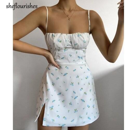 White dress women sexy dresses summer spaghetti strap dress korean mini dresses floral print A line dress casual split vestidos