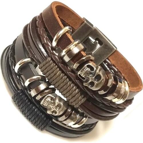 Black/Brown Lucky Vintage Mens Skull Leather Bracelet Charm Multilayer Braided Women Pulseira Masculina