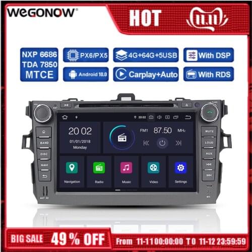 DSP PX6 IPS 8'' Android 10 4GB 64GB Car DVD Radio Player Wifi GPS map RDS Bluetooth For Toyota Corolla 2006 - 2009 2010 2011