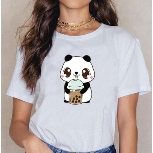 Funny Pearl Milk Tea Panda Print T Shirt Women Tops Summer Short Sleeve Tee Shirt Femme Casual Harajuku Tshirt Camiseta Mujer