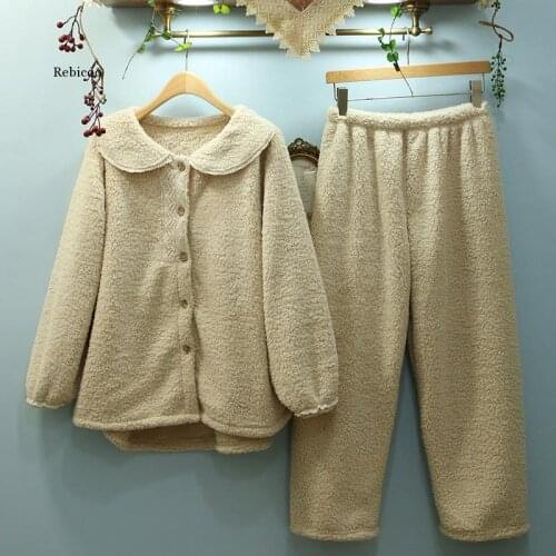 Korean Winter Pajamas Set Fleece Thick Sleepwear Turn-down Collar Buttons Ankle-Length Pants Two Piece Pijamas Girls Homewear
