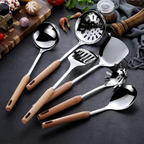 1 pcs Stainless Steel Kitchen Utensil Set with Timber wood handle Ladle Spatulas Tongs Non-Stick Cookware Kitchen Tools