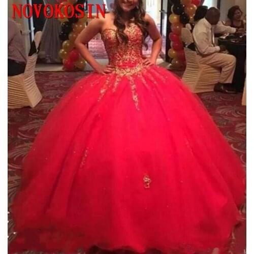 Girls Sweet 16 Dresses Red Quinceanera Dresses Gold Appliques Beading 2019 Formal Dress Prom Gowns Puffy Vestidos De 15 Anos