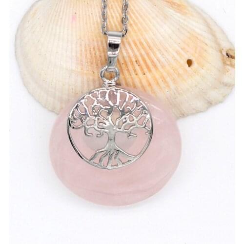 Trendy-beads Popular Silver Plated Natural Rose Pink Quartz Round Shape Pendant Necklace Tree of Life Jewelry