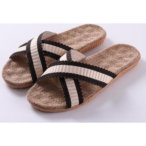 Mens Summer Striped Sandals Outdoor White Beach Linen Slippers Indoor Bathroom Hotel Home Slippers Men Slides Flip Flops Shoes