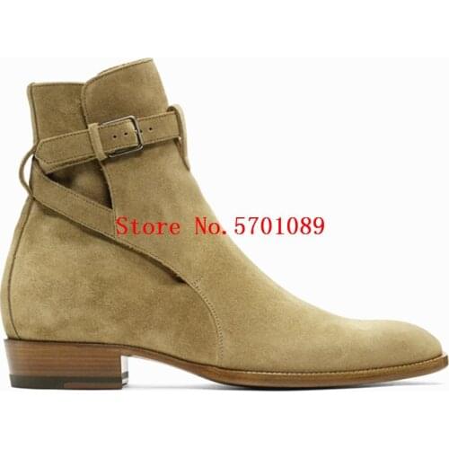 Men Taupe Suede Wyatt Jodhpur Boots Genuine Calf Leather Buckl Ankle Boots Slip On Paris Catwalk Chelsea Boots Shoes
