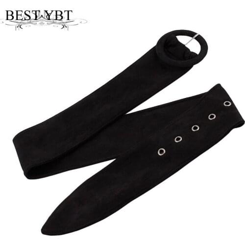 Best YBT Women Belt Suede Alloy Round Pin Buckle Belt New Wide High-grade Suede Fashion Decoration Hollow New Women Belt