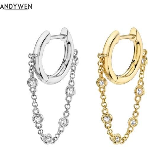 ANDYWEN 925 Sterling Silver 8mm Single Bezel Drop Slim Hoop Chain Earring Zircon Crystal Loops Circle Gold Clips Women Jewelry