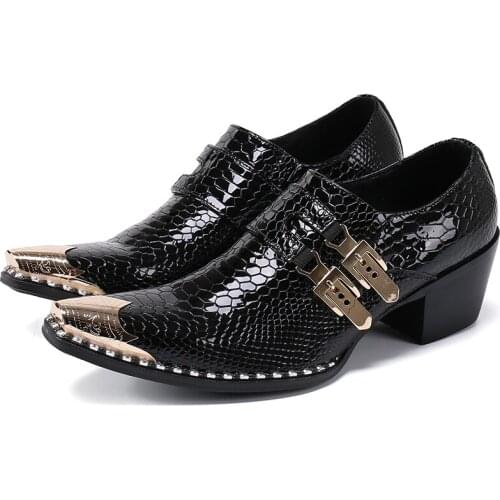 Trending Shoes Men Plus Size Metal Pointed Toe Glossy Leather Mens Party Casual Business High Heel Shoes Wedding Dress Shoes