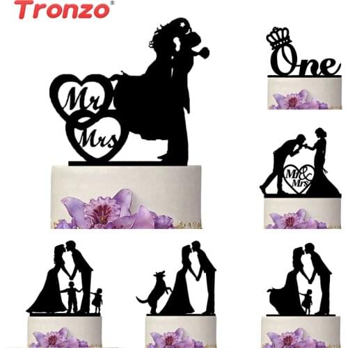 Tronzo New Black Acrylic Wedding Cake Topper For Decor Mariage Mr Mrs Bride Groom Family Cake Toppers Bridal Shower Decoration
