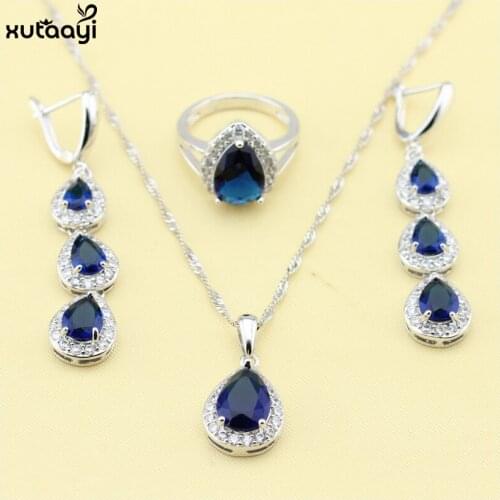XUTAAYI Fashion Silver colorcolor Drop Jewelry Sets For Women Dark Blue Zircon Fancy Wedding Necklace/Rings/Earrings